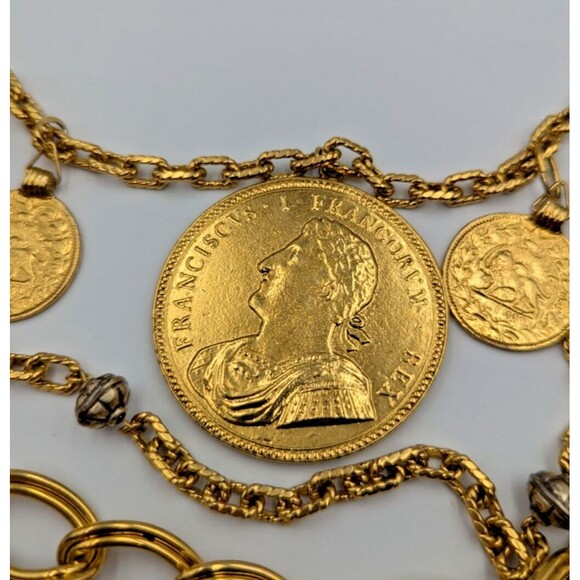 Vintage Les Bernard Gold Tone Multi Stand Coin Lucite Long Statement Necklace - Picture 16 of 16